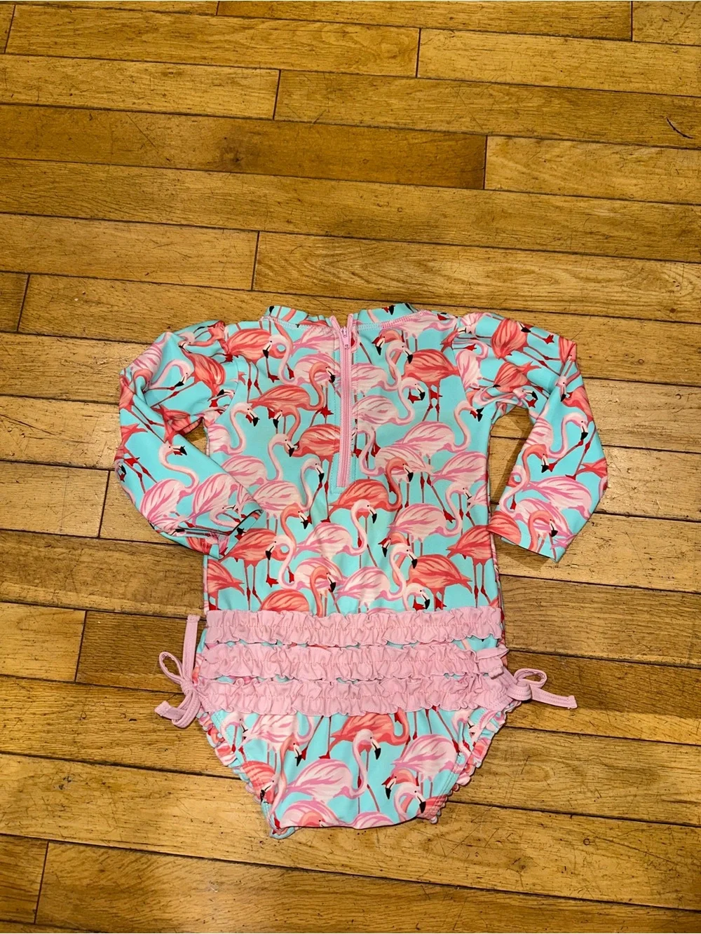 Baby Girl’s Ruffle Butts onesie flamingo swim suit bathing rash guard zip